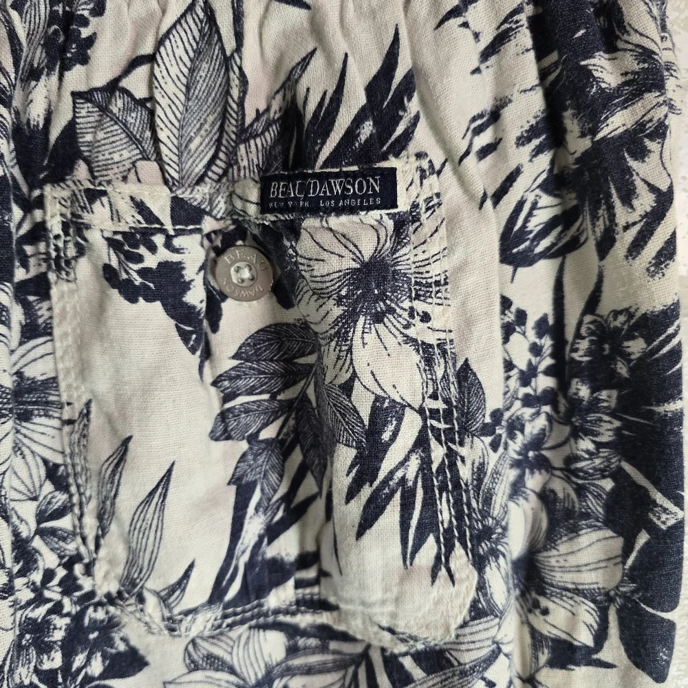 Linen Capri Short Pants White Blue Tropical Print Stretch Waist by Beau Dawson M - Picture 5 of 7